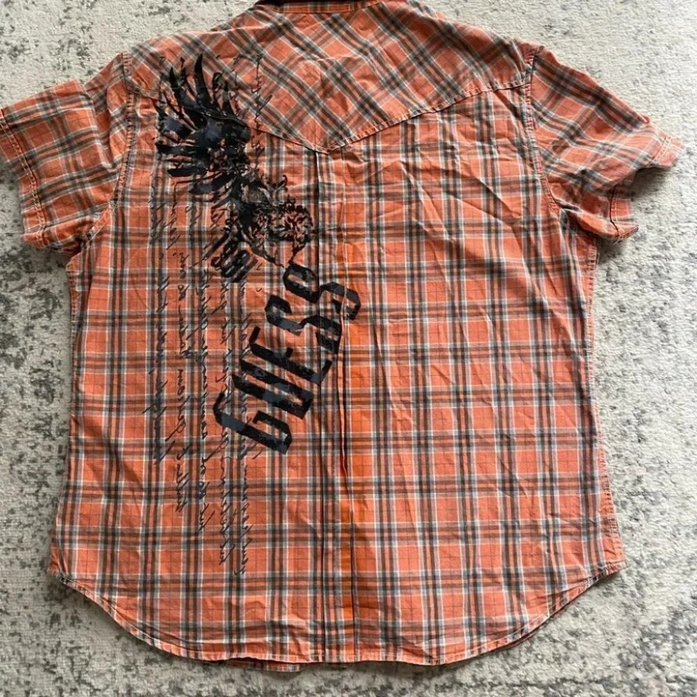 Guess Button front shirt casual plaid orange gray snap buttons short sleeve XXL